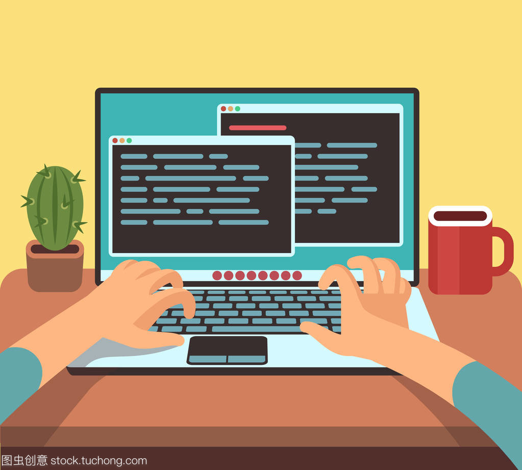 在电脑上工作的人程序员与程序代码在屏幕上。编码和编程矢量概念